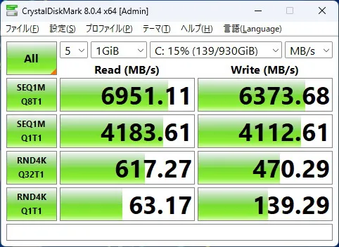 GALLERIA DL9R-IG-C4AのSSDのCrystalDiskMarkの画像